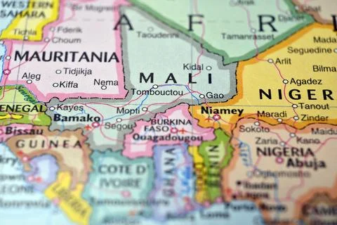 Mali on World Map with Blurred Background  Geography Location Concept Stock Photos