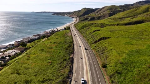 Malibu Beach PCH Pacific Coast Highway Aerial Reveal Of California Coastline Stock Footage 334839018