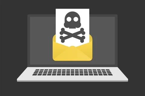 Malicious Email. Problem with Laptop. Message with a Skull on Laptop Screen Stock Illustration