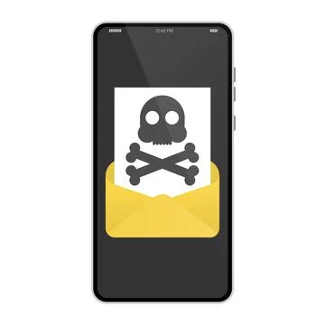 Malicious Email. Problem with Phone. Message with a Skull on Phone Screen Illustrazione stock
