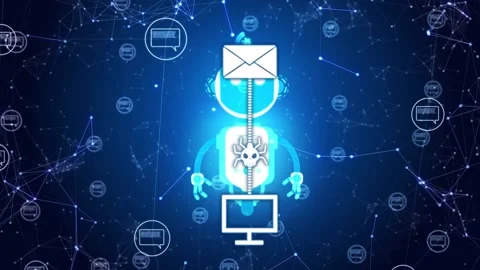 Malicious mail dropping robot screen lowering, bug zipper linking, infecting Stock Footage 334337760