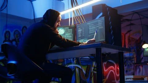Malicious man hacking and talking on phone with partner Stockfoto's