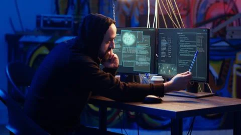 Malicious man hacking and talking on phone with partner Stockfoto's