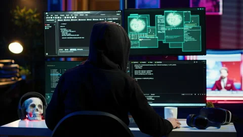 Malicious man hacking, stealing credit card numbers Stock Footage 275755074