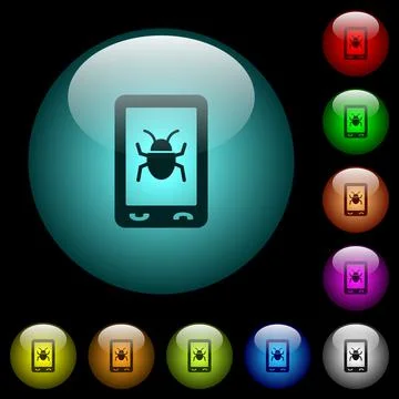 Malicious mobile software icons in color illuminated glass buttons Stock Illustration