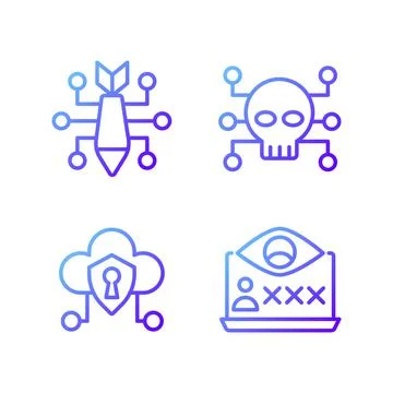 Malicious online activity pixel perfect gradient linear vector icons set Stock Illustration