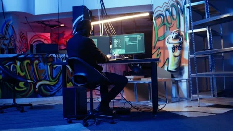 Malicious programmer in basement getting past firewalls, handheld camera shot Stock-Footage 319524756