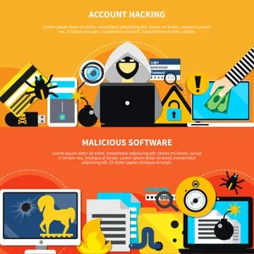 Malicious Software And Account Hacking Horizontal Banners イラスト素材