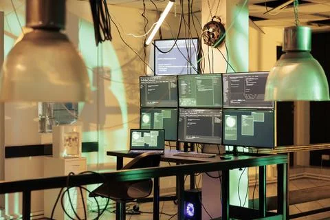 Malicious software code running on multiple computer screens Stock Photos