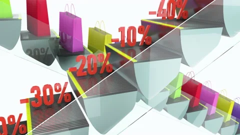 Mall centre and moving escalators with symbols of discounts and holiday sales Stock Footage 144694929