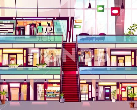 Mall shop with escalator illustration Stock Illustration
