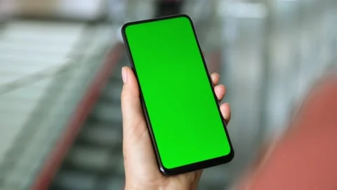 Mall. Shopping center. Back view of brunette holding chroma key green screen sma Video stock 156228168