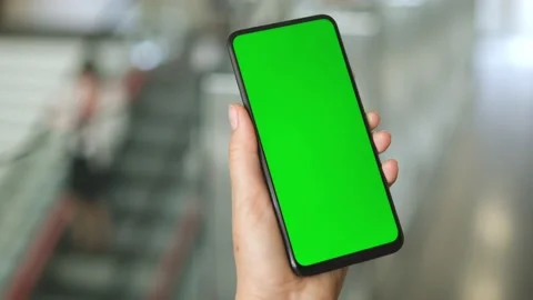 Mall. Shopping center. Back view of brunette holding chroma key green screen sma Stock Footage 156228213