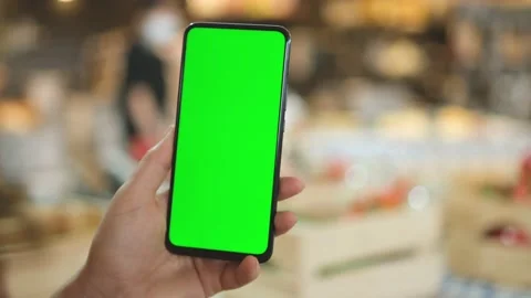 Mall. Shopping center. Back view of brunette holding chroma key green screen sma Stock Footage 156229285