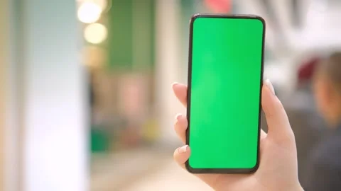 Mall. Shopping center. Back view of brunette holding chroma key green screen Stock Footage 270541218