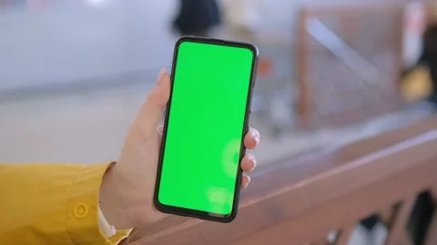 Mall. Shopping center. Back view of brunette holding chroma key green screen Stock Footage 275016554