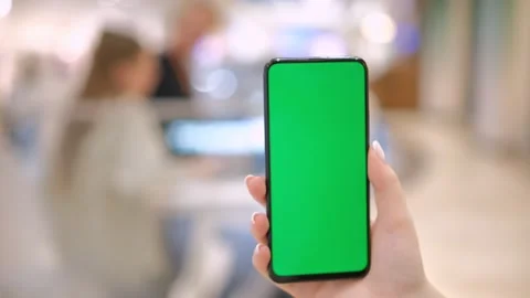 Mall. Shopping center. Back view of brunette holding chroma key green screen Video stock 275632111