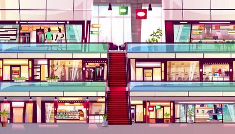 Mall shops escalator interior vector illustration Stock Illustration