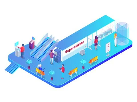 Mall shops with escalator staircase moving staircase automatic ladder multistory Ilustración de archivo