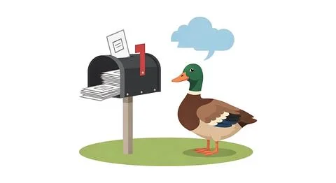 Mallard duck looking at mailbox full of papers with thought bubble on a gra.. Illustrazione stock