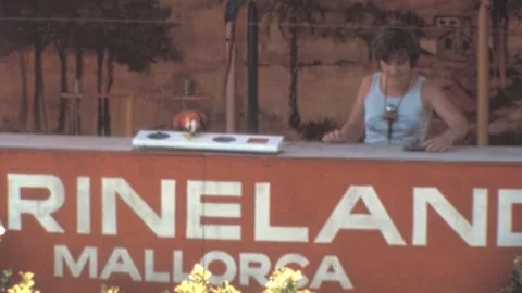 Mallorca - 1977: Trainer presents a macaw during a show at Marineland park Stock Footage 308714120
