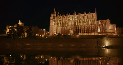 Mallorca Cathedral Illuminated at Night Stock Footage 343589548
