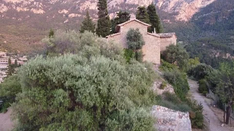 Mallorca (Majorca) Spain, Deia Village, Aerial View, Church Stock Footage