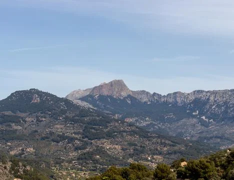 Mallorca Panoramic view with lush spring vegetation and mountain scenery with Stock Photos