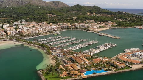 Mallorca, Spain: Aerial view of resort town Port d'Alcudia on Majorca island Stock Footage 150490853