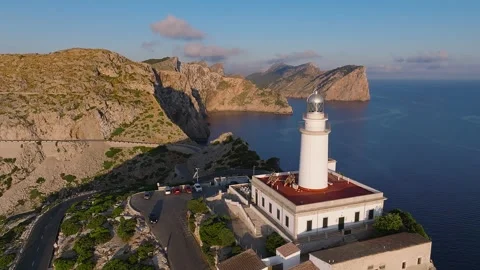 Mallorca, Spain - Flying by the Lighthouse at Cap de Formentor at sunrise Video stock 337651180