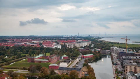 Malmö City Castle sunset Skyline Aerial border bridge Sweden Denmark timelapse Stock Footage 233659797