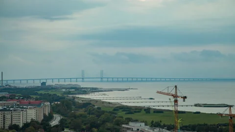 Malmo - Copenhagen border bridge beetwen Sweden and Denmark, Skyline timelapse Stock Footage 233659664