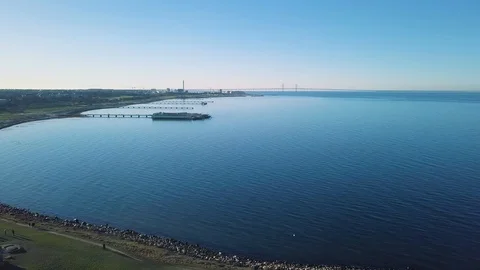 Malmo gulf aerial view with Eresund Bridge Stock Footage 87349867