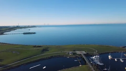 Malmo gulf aerial view with Eresund Bridge Stock Footage 87351453