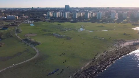 Malmo gulf aerial view with Eresund Bridge Stock Footage 87373576
