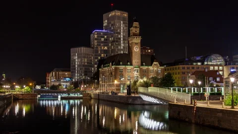 Malmo night light illumination, famous place cityscape landmarks timelapse Stock Footage 233663477