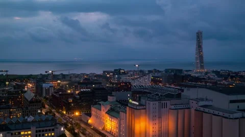 Malmo Nightfall Timelapse with Architectural Highlights Stock Footage 308199583