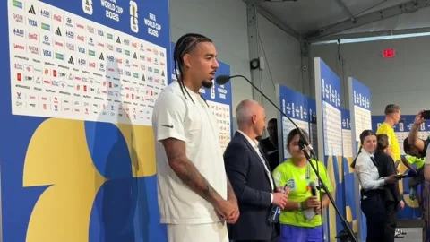Malo Gusto: We want to help Mbappé surpass Messi, of course, New Jersey, US - 01 Stock Footage 337980501