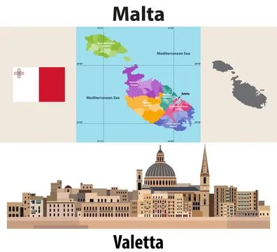 Malta administrative divisions map. Flag of Malta. Flat style cityscape of .. Stock Illustration