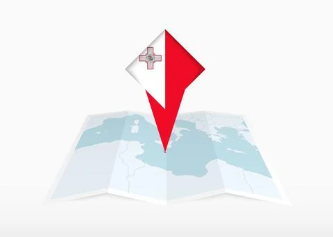 Malta is depicted on a folded paper map and pinned location marker with fla.. Stock Illustration