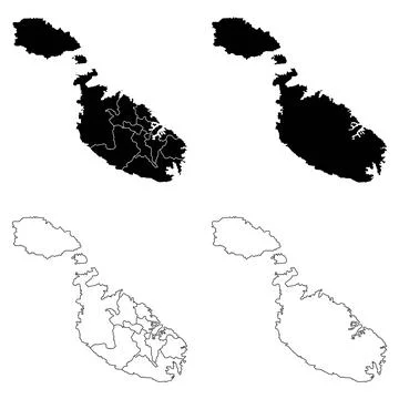 Malta Districts Outline and Solid Fill Map Set. Stock Illustration