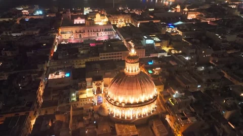 Malta drone aerial of Glowing Dome Of Illuminated Basilica of Our Lady of Mount Stock Footage 333228012