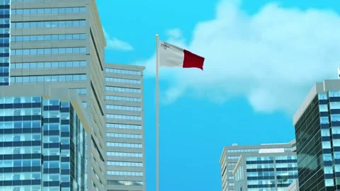 Malta Flag 3D Render Animation with Urban Architecture and Clear Blue Sky Stock-Footage 332887604