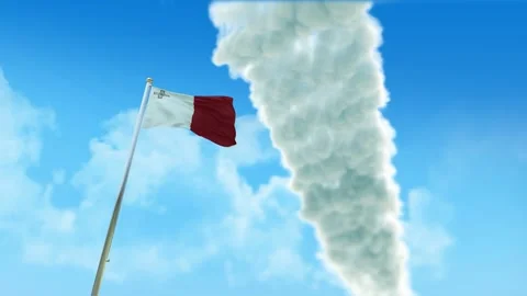 Malta Flag 3D Render Animation on Pole with Fighter Jets Smoke Trails in Blu Video stock 333229893