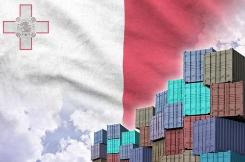 Malta flag and big stack of shipping cargo containers in docks with sky Stock Photos