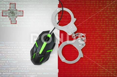 Malta flag and handcuffed computer mouse. Combating computer crime, hackers Stock Photos