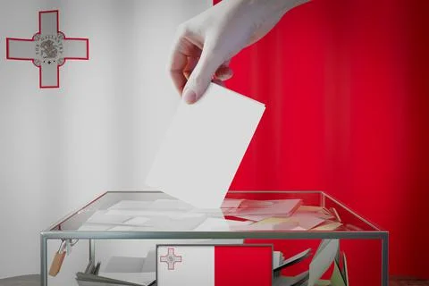 Malta flag, hand dropping ballot card into a box - voting concept Ilustración de archivo