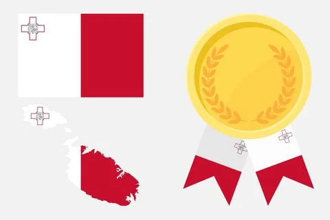 Malta flag with map and gold medal in set for web and banners or app and game Stock Illustration