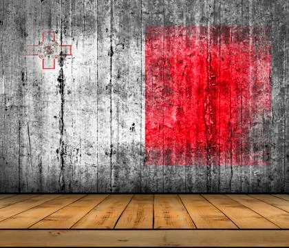 Malta flag painted on background texture gray concrete with wooden floor Stock Photos