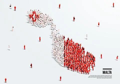 Malta Map and Flag. A large group of people in the Malta flag color. Stock Illustration